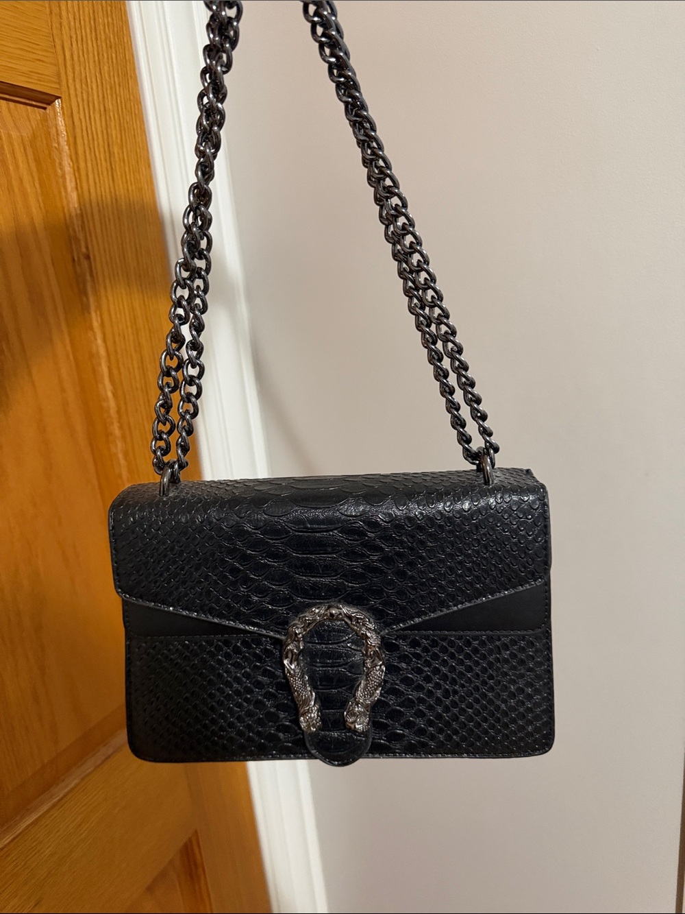 Black Textured Leather Shoulder Bag with Chain Strap